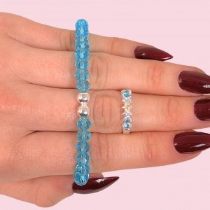 Conjunto Pulsera Elástica con Cristales Turquesa y Anillo medio sin fin Bandera Argentina Plata 925